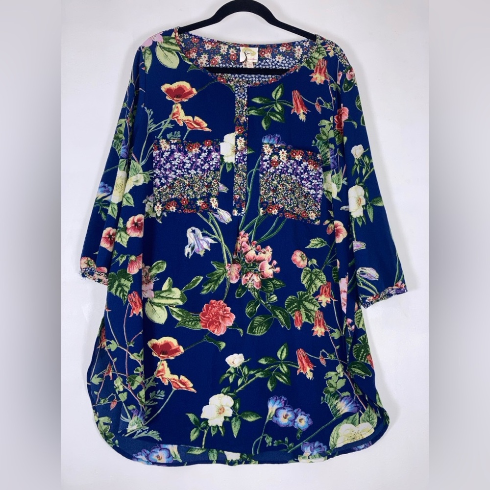 FIG AND FLOWER Anthropologie Boho Blouse Tunic Top Womens 2X Floral 3/4 Sleeve